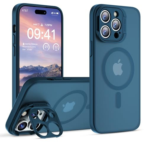 GOODVISH Magnetic Case for iPhone 14 Pro Case Compatible with Magnetic [Magic Camera Stand] All-in-1 Shockproof Slim Hard Translucent Matte Phone Case Cover, Blue