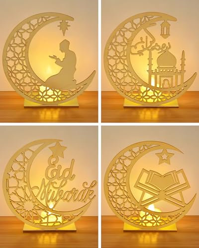 DJLLA 4 Pcs Ramadan Decoración de Madera Estrella Luna LED Adornos de Madera Luz de Vela Eid Mubarak Lámpara Linterna Musulmana Luz de Noche Fiesta Islámica Decoración de Mesa Festival Decoraciones