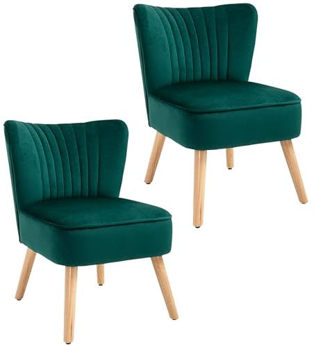 HOMCOM Velvet Accent Chair Occasional Tub Seat Padding Curved Back with Wood Frame Legs Home Furniture Set of 2 Green