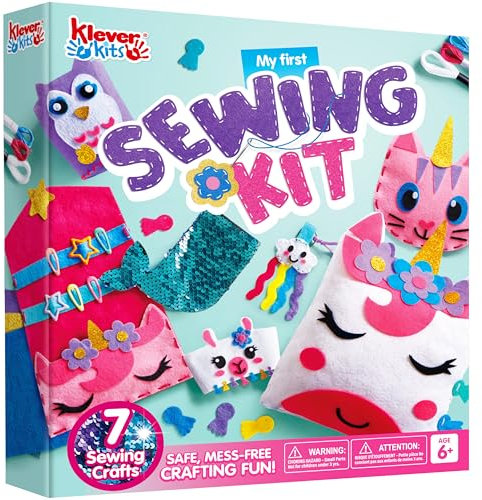 Klever Kits Mein Erstes Filz-Nähset für Kinder ab 6,7,8,9,10 Jahre,bastelset für Anfänger,Nähset enthält 7 DIY Nähprojekte,Einhorn Kissen,Schlüsselring und Tasche, Anleitung und Filz,Geschenk Mädchen