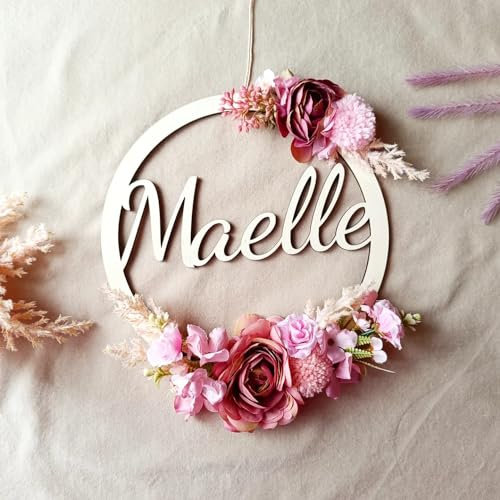 Fiocco nascita bimba, idea regalo personalizzato nascita bimbo, decorazione in legno artigianale con fiori per cameretta, regalo neonata battesimo, fuoriporta e regalo nascita, ghirlanda comunione
