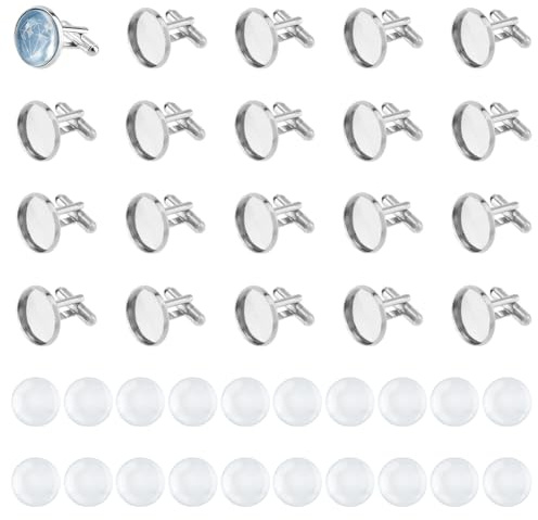 DICOSMETIC 20 Ensemble Boutons de Manchette Vierges en Platine et Laiton en Vrac avec Plateau à Cabochons en Verre 16mm Boutons de Manchette DIY Photo Personnalisés