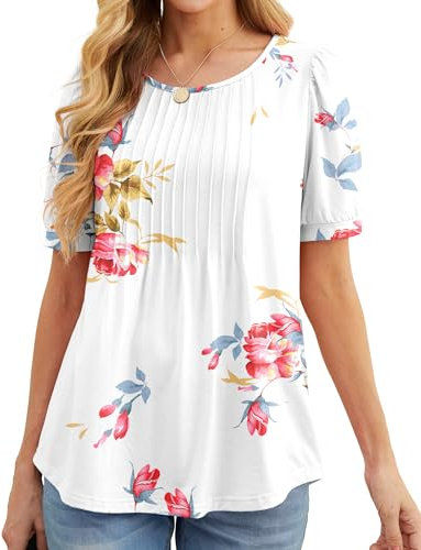 GRECERELLE Womens Summer Tops Casual Dressy Soft Short Sleeve Tunic Front Pleated Spring Crew Neck Tees T-Shirts Loose Blouse for Ladies (Rose White, L)