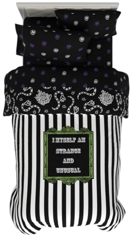 Franco Collectibles Beetlejuice Gestreifte Bettwäsche, 4-teilig, superweiches Bettdecken- und Bettlaken-Set, Doppelbett (offizielles Lizenzprodukt)