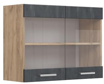 Vicco Küchenglasschrank R-Line, Glashängeschrank, Schwarz Beton/Goldkraft Eiche, 80 cm