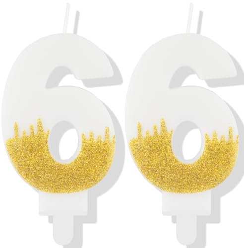 White Birthday Candle, Gold Number 66 Candles for Cake, Gold White 66th Birthday Cake Topper, White Gold Candle Cake Toppers for Women Men Birthday Cake Decorations, Wedding Anniversary Supplies