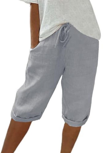 Kurze Hosen Damen Sommer,Shorts Damen,Damen Sommer Shorts aus Baumwollleinen Women's Lockere Grosse Elastische Taille Freizeit Kurze Frauen Knielang Bequeme Wandershorts Lässige Strandshorts,grau,XXL