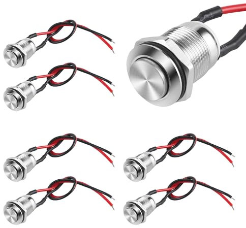 6 Pcs Pulsador de Metal Resistente al Agua,Interruptor de Botón de Enganche Autoblocante Pulsador Momentáneo de Acero Inoxidable de 12mm 2A 12V/24V/125V/250V(Cabeza Alta)