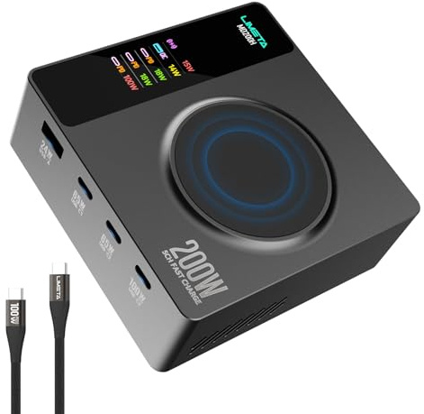 LIMETA MD200H 200W 5-in-1 USB C Mehrfach Ladegerät(100W MAX), Schnellladegerät mit LCD Display&Magnetisches Laden, Netzteil Charger mit App-Steuerung für Handys iPhone 17 16 15, iPad, Samsung Galaxy