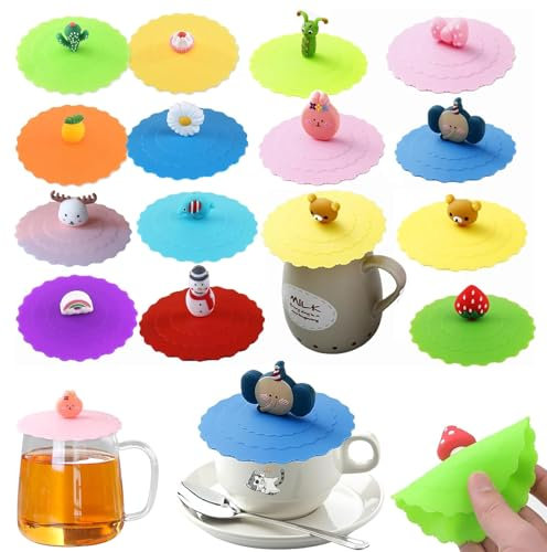 Tapa de copa de Silicona,14 Juegos Silicona De Grado Alimentario Tapas, Reutilizables, Antipolvo Linda Caricatura Tapas de Taza, para el Hogar Oficina Café Tazas de té Copa de Vasos