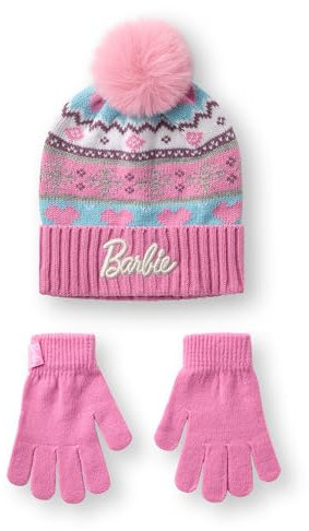 Barbie Girls Pink Fair Isle Beanie and Gloves Set - One Size | Winter Knit Accessories for Kids Fair Isle Design | Cosy Cold Weather Apparel | Childrens Gift Idea
