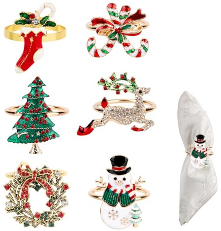 6st Weihnachtsserviettenringe, 4cm Durchmesser Weihnachten Serviettenringe Set Weihnachtsbaum Rentier Schneemann Christmas Napkin Rings für Weihnachtsfeiern Esstischdekoration