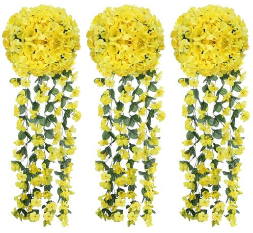 Zythrem 3 Pièces Faux Wisteria Vigne Plantes artificielles Plante Artificielle tombante Fleur Artificielle pour Les Décorations De Mariage Home Garden Party Decor (3pcs Jaune)