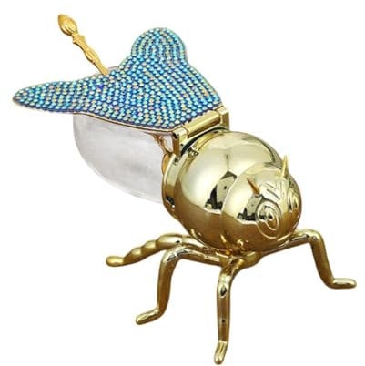 MagiDeal Bee Honey Jar Sugar Bowl with Spoon Novelty Ornament Decorative Condiment Pot Glass Syrup Dispenser for Dining Room Tabletop, Blue Gold