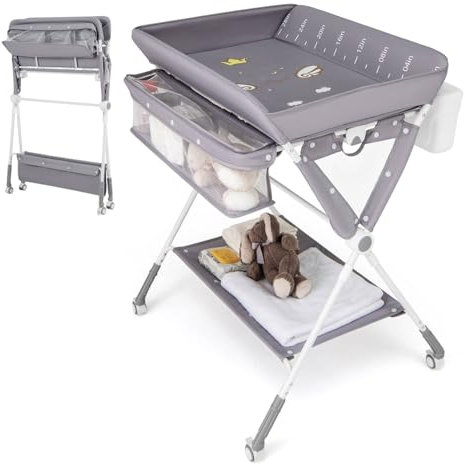 Maxmass Baby Changing Table, Folding Infant Diaper Changing Station with Wheels, Shelf, Storage Basket and Trash Can, Height Adjustable Nappy Table for Newborn (Gray)