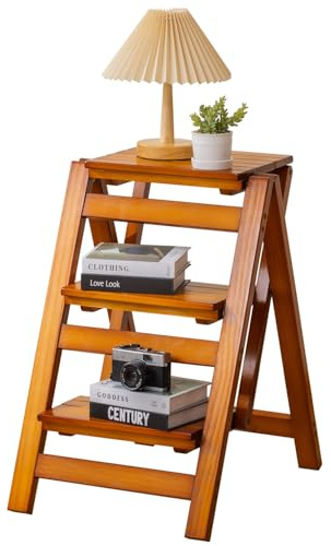 Latifolia Faltbare 3-Stufen-Leiter, Holz-Tritthocker mit Bodenschoner, dekoratives Leiterregal für Wohnzimmer, Küche, Garten (Walnuss)
