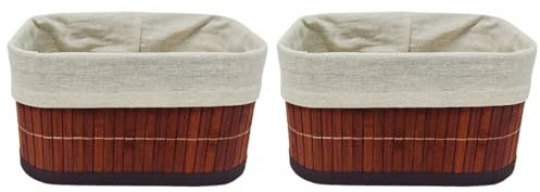 Acan Tradineur - Pack de 2 cestas rectangulares de bambú, incluyen forro interior de tela extraíble y lavable, ligeras, organización del hogar (Color caoba - 20 x 14 x 10,2 cm)