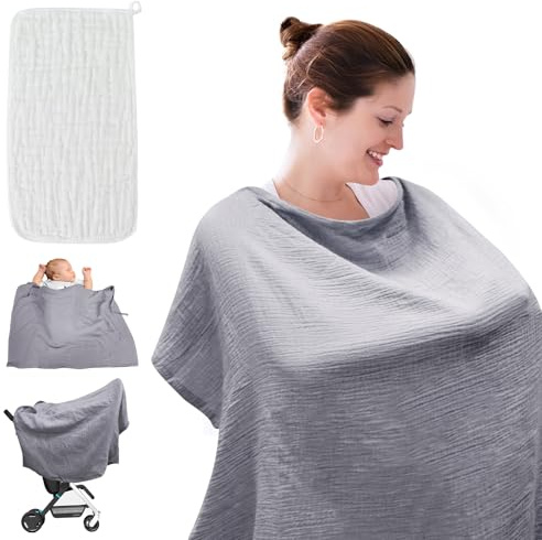 JJKOL Stilltuch für Unterwegs, 100% Baumwolle Stillschal, Musselin-Abdeckung zum Stillen von Babys, Mit 1 Babywaschlappen, Weiche Atmungsaktive und Verstellbare Riemen, für Kinderwagen, Grau