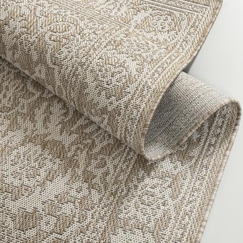 Mazovia Outdoor-Teppich Balkon 140x200cm Creme Klassisch Boho Wetterfest