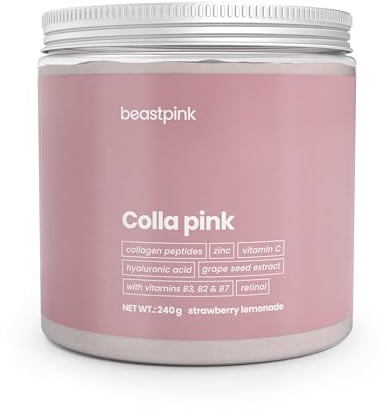 BeastPink Colla Pink - Schönheitsdrink für Frauen, mit Hyaluronsäure, Kollagenpeptiden, Traubenkern-Extrakt, Selen & Zink, zuckerfrei, unterstützt Haut, Haare & Nägel (240 g, Erdbeerlimonade)