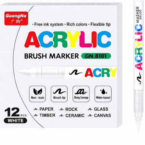 SYACOLOR 12 feutres acryliques blancs, feutres à pointe fine flexible et précise, encre opac superposable, cahier de coloriage, verre, céramique, roche, bois, pierre, peinture sur tissu (12)