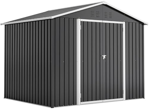 PLLBIKK Metall Gartenhaus 8m³, Geräteschuppen mit Schiebetür & 4 Belüftungen, Abschließbarer Gartenschuppen, 240x192.3x191 cm, Wetterfest für Garten/Terrasse, Metall, Grau