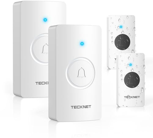 TECKNET Wireless Battery Doorbell, 2 Receivers & 2 Push Buttons | IP67 Waterproof, 1312ft Wireless Range, 60 Chimes, 5 Volume Levels, LED Flash, Memory Function & Battery Powered