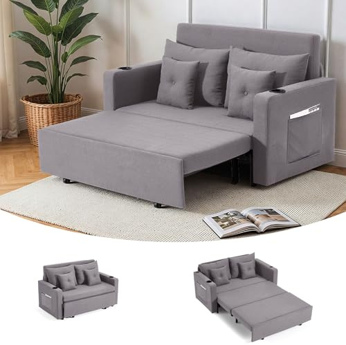 MELLCOM Two Seater Sofa Bed,Pull Out Sleeper Sofas,3 in 1 Couch with Cup Holders,USB,Magazine Bag,Lounge Chair for Living Room,Bedroom,Apartment,Grey