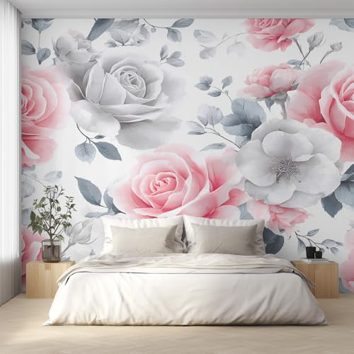 Non-Woven Grey Pink Rose Wallpaper - Watercolor Floral Wall Mural for Bedroom, Living Room Background Decoration, Home Decor Photo Wall Paper 450x315 cm (WxH)