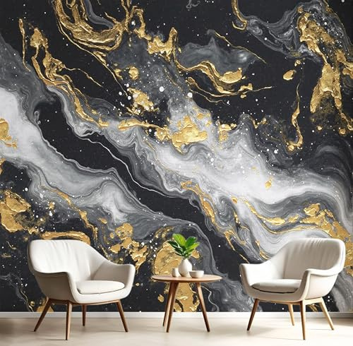 JEDTAKCT Papier Peint Photo Panoramique 3D Texture Abstraite Feuille D'Or Or Noir Papier Peint Peinture L'Huile Marbre, Tapisserie Panoramique Salon, Décoration Mural Bureau Enfants Chambre 300X210Cm