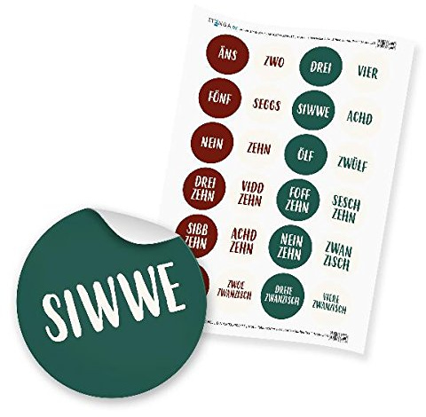 itenga Zahlensticker Z27 Adventskalenderzahlen 1-24 Saarländisch/Rot Grün Weiß Hochglanz Aufkleber