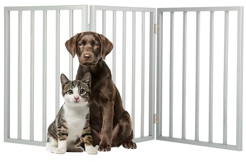 Husdjursgrind – 3-panels inomhus hopfällbart hundstaket för trappor, hallar eller dörröppningar – 137 x 61 cm infällbart trä fristående hundgrindar från PETMAKER (grå)