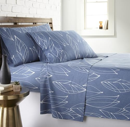 Southshore Fine Living, Inc. Modern Foliage Collection, 3-teiliges Bettlaken-Set, 35,6 cm tief, pflegeleicht, schrumpffrei, mit 1 Bettlaken, 1 Spannbetttuch, 1 Kissenbezug, Blau, Doppelbett