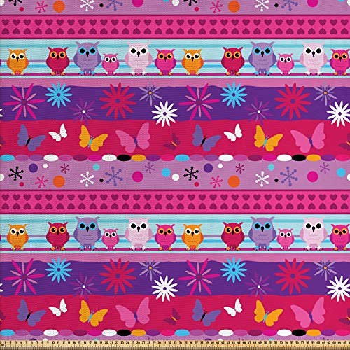 ABAKUHAUS Eule Gewebe als Meterware, Cartoon Eulen und Blumen, Schön Gewebten Stoff für Polster und Wohnaccessoires, 1M (148x100cm), Dunkelrosa