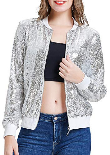 KANCY KOLE Damen-Bomber-Blazer mit Pailletten, langärmelig, Reißverschluss vorne, Größe S-2XL, silber, L