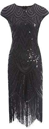 shoperama 20er Jahre Charleston Kleid Pailletten Fransen Flapper Gatsby 20's Fransenkleid Damen-Kostüm, Größe:M, Farbe:Schwarz/Schwarz