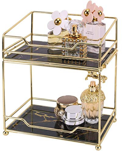 Simmer Stone Makeup Organizer Shelf, 2 Tier Cosmetic Storage Basket with Removable Glass Tray, Wire Vanity Organizer Rack for Dresser, Bathroom, Countertop and More, Stackable Assembly