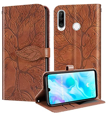 CaseFun Huawei P30 Lite Hülle, P30 Lite Brieftasche, P30 Lite New Edition Smartphone Life Tree Höhlenmuster Leder Handyhüllen Abdeckung mit Flip Stand/Magnetverschluss und Karten Tasche braun