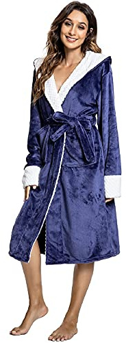 UMIPUBO Women Dressing Gown Fleece Oversized Hooded Soft Bath Robe Fluffy Hooded Bathrobe Winter Blanket With Pocket Long Robe Housecoat Loungewear (Navy)
