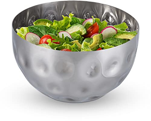Relaxdays Servierschüssel rund, gehämmertes Design, aus Edelstahl, für Snacks & Salate, Dekoschale für die Küche, silber