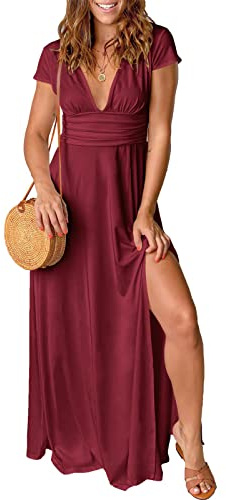 QUNERY Robe Longue Femme Ete Robe de Plage Manches Courtes Robe D'été Casual col en V Taille Haute Robe Cocktail Demoiselle d'honneur Mariage Fête Aniversaire Vin Rouge XXL