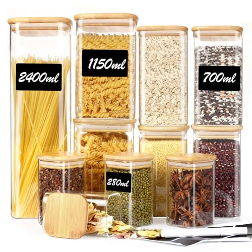 Withosent Vorratsgläser mit Deckel Eckig 11er Set, 2400ml/ 1150ml/ 700ml/ 280ml Vorratsdosen Glas, Gewürzgläser mit Holzdeckel, Aufbewahrungsgläser Küche für Gewürze, Spaghetti, Mehl, Cornflake