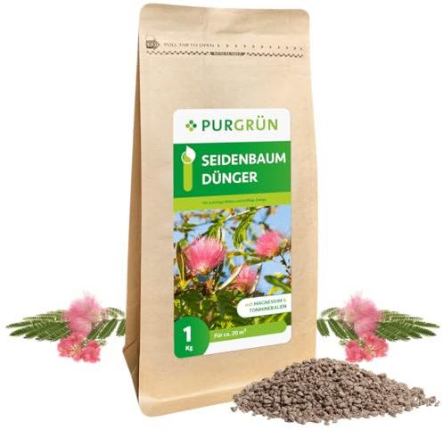 Purgrün® Seidenbaum-Dünger 1 kg – Organisch-mineralische Rezeptur – Feinkörniges Krümelgranulat – NPK 9+4+8 – Extra Magnesium für leuchtende Blüten – Verbessert die Bodenqualität