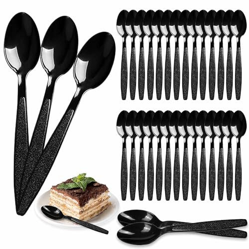 100 Pièces 14.5cm Cuillère en Plastique, Noir Cuillère Plastique, Réutilisable Cuillere en Plastique, Cuillere pPlastique Convient pour Fêtes D'anniversaire Mariages Barbecues Camping Desserts