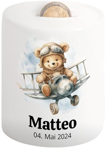 True Statements Süße Kinder-Spardose mit Namen & Datum personalisiert – Sparschwein Mädchen & Jungen – Geld-Geschenk Taufe Geburtstag Weihnachten (Fliegender Teddy)