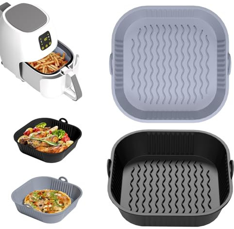 Diboniur Teglia per Friggitrice ad Aria 5-8L, 2 Pezzi Silicone Contenitori per Friggitrice ad Aria, Riutilizzabile Quadrato Tappetino Stampi in Silicone per Airfryer, Microonde, Forno (Nero e Grigio)