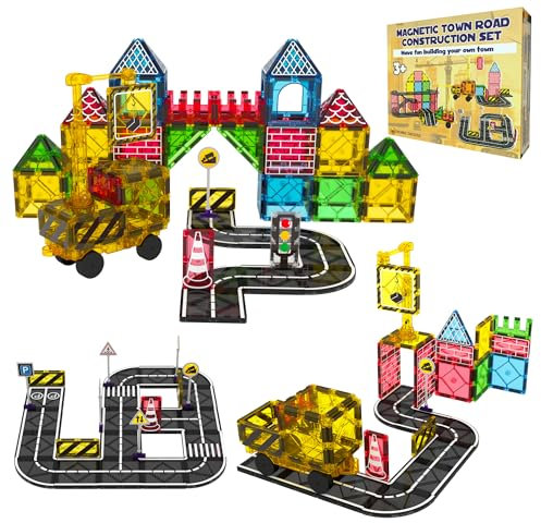 Desire Deluxe Magnetische Baufliesen Straßenblöcke - Magnetkranauto-Set für Kinder, pädagogisches Vorschule, MINT-Lernen, Montessori-Konstruktion, Kleinkindspielzeug für Jungen und Mädchen, 3+ Jahre