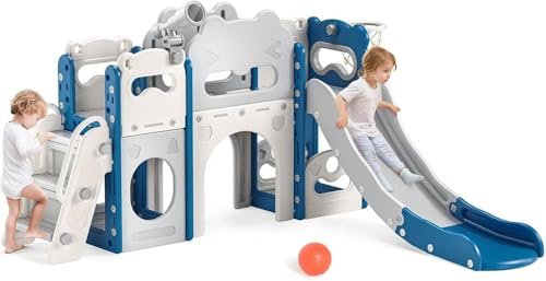 Kinderrutsche, 7-in-1-Kleinkindrutsche, mit Basketballkorb, Basketball, Gartenklettergerüst, Teleskop, Aufbewahrung, Krabbelbogen, für 18-36 Monate, extra Lange Rutsche 1700 mm(Blau-Grau)