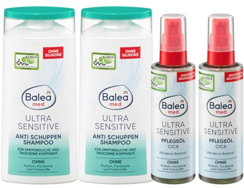 Balea MED 4er-Set Körperpflege: SHAMPOO Anti-Schuppen ULTRA SENSITIVE empfindliche, trockene Kopfhaut (2 x 250 ml) + PFLEGEÖL Cica ULTRA SENSITIVE Regeneration beanspruchter Haut (2 x 100 ml), 700 ml