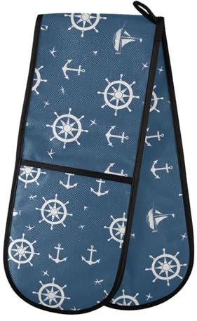 Oven Gloves Double Oven Gloves Blue Nautical Pattern Oven Mitts Pot Holder Heat Resistant Quilted for BBQ Baking Kitchen Cooking Gloves